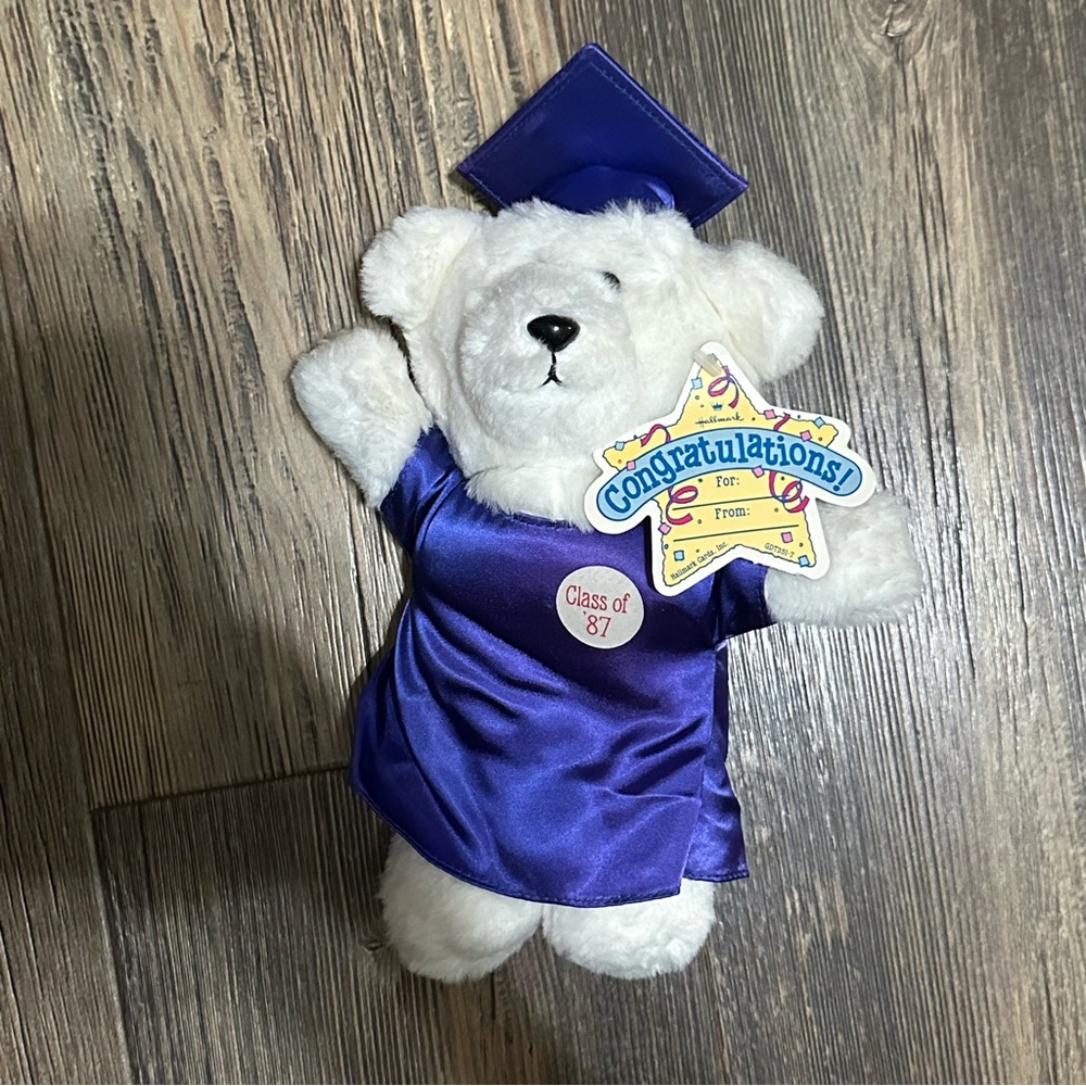 VTG Hallmark graduation 1987 white teddy bear in blue cap and gown